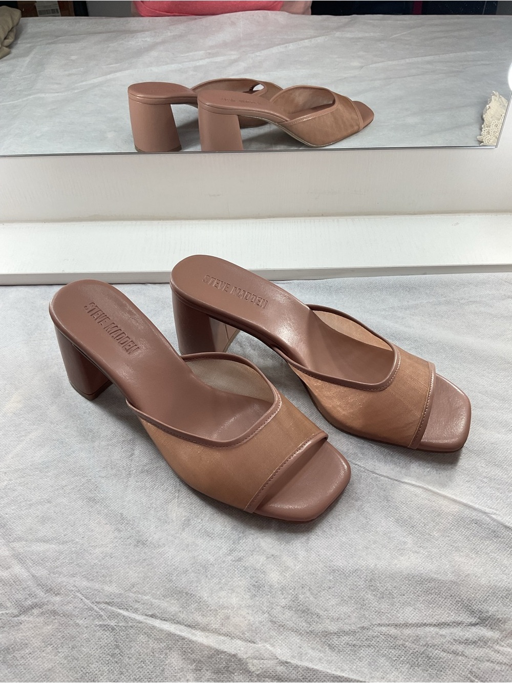 Steve Madden Madame Block Heel Sandal Tan Brown Square-Toe Slide Mules - Picture 3 of 6